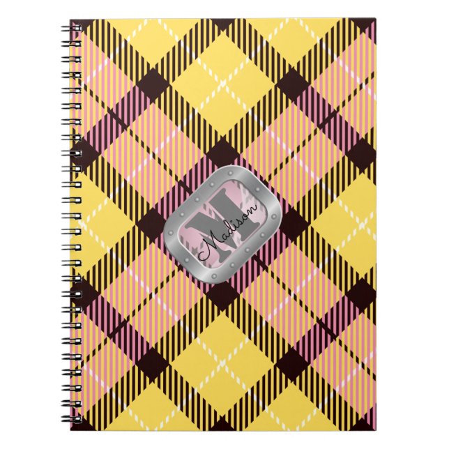 Cuaderno Tartán Tartán amarillo rosado Monograma de acero m (Frente)