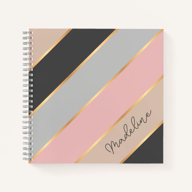Cuaderno Taupe Beige Gris Rosado Dorado Rayas Personalizada (Anverso)