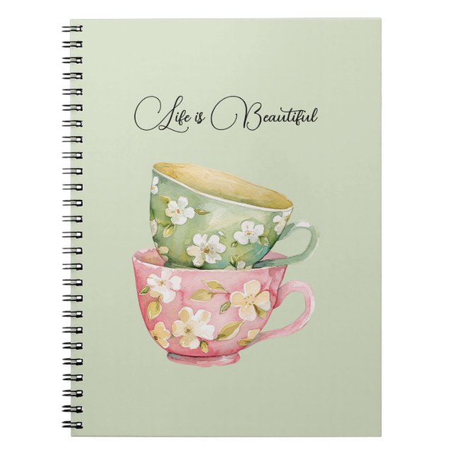 Cuaderno Tazas florales verde menta rosa (Frente)