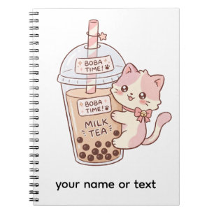 Cuaderno Té de Leche con Burbujas y Gato Abrazando Kawaii