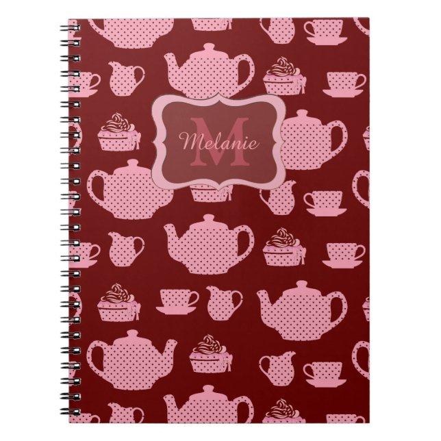 Cuaderno Té de Punto de Polka Rosa sobre Borgoña Personaliz (Frente)