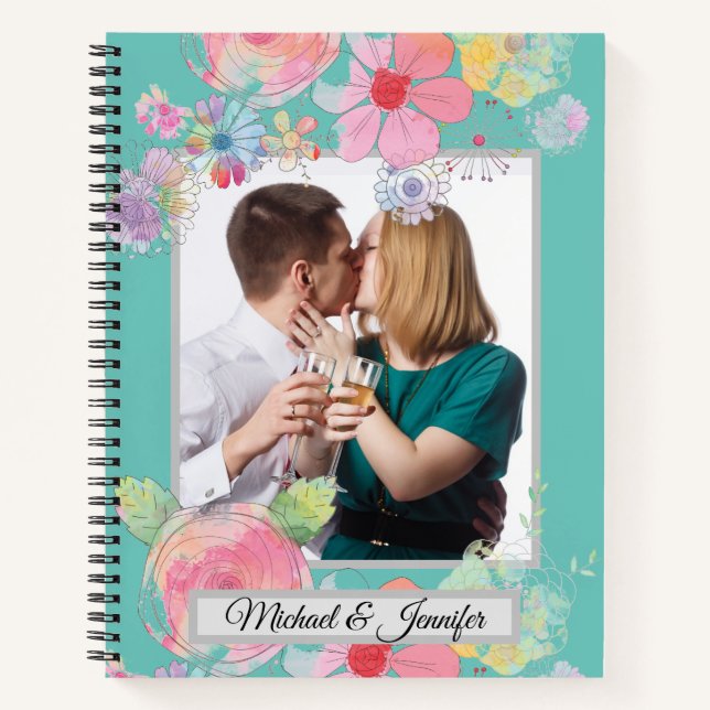 Cuaderno Teal and Shabby Chic Floral Custom Couples Photo (Anverso)