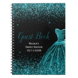 Cuaderno Teal Blue Dress Faux Glitter Sweet 16 Guest Book