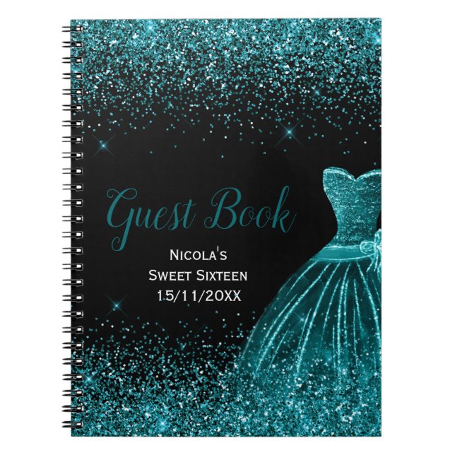 Cuaderno Teal Blue Dress Faux Glitter Sweet 16 Guest Book (Frente)