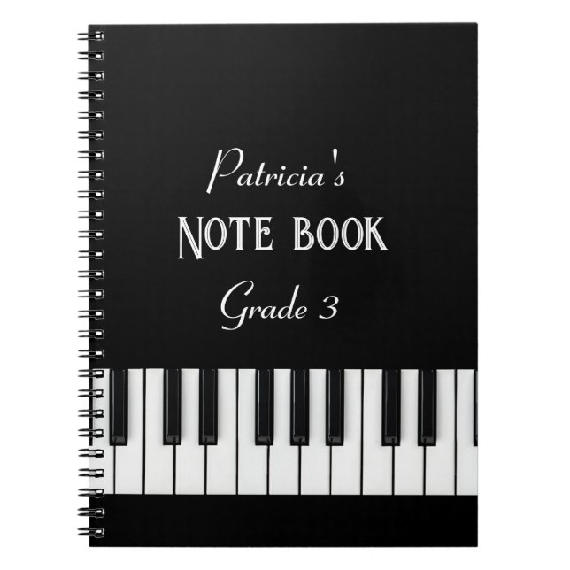 Cuaderno Teclado de piano y texto de personalizable en blan (Frente)