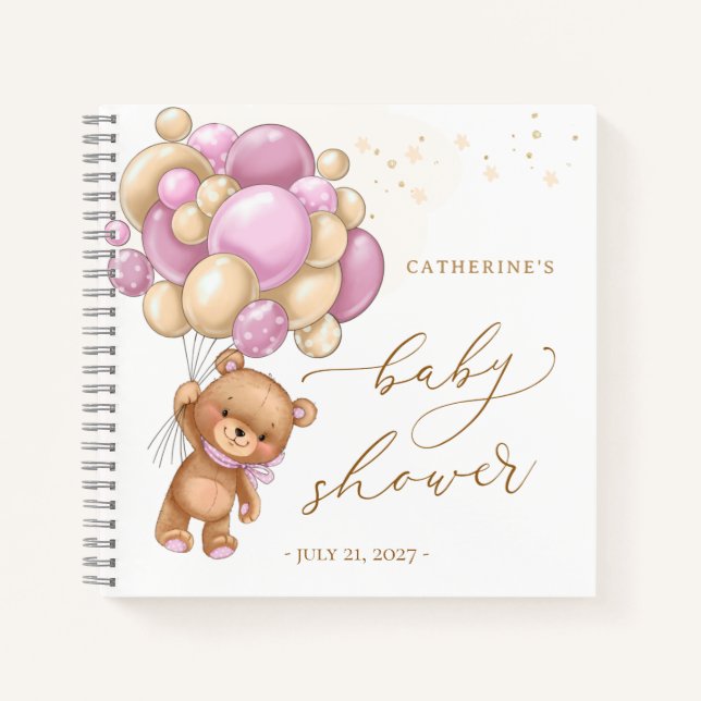 Cuaderno Teddy Bear Pink Balloons Baby Shower Guest Book (Anverso)