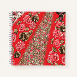 Cuaderno Tejidos rojos vibrantes con intrincados florales y