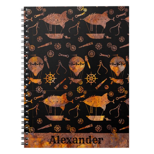 Cuaderno Tema del avión Steampunk Colorful Rusty Nombre (Frente)