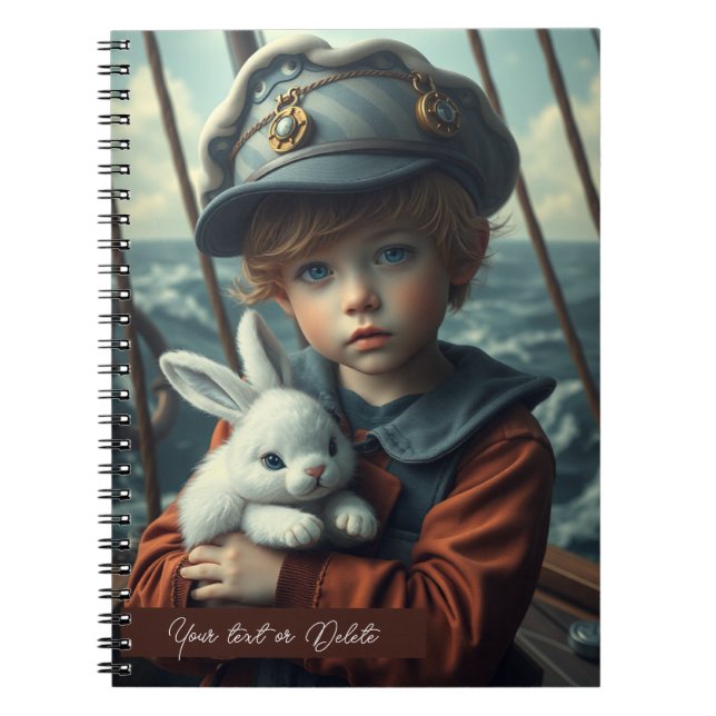 Cuaderno Tema náutico niño sosteniendo su juguete de coneji (Frente)