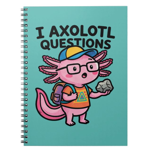 Cuaderno Tengo preguntas de ajolote escolar sostiene curios (Frente)