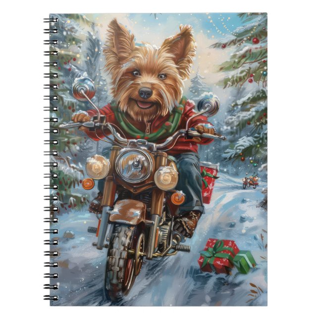 Cuaderno Terrier Australiano Montando Motocicleta Navidad (Frente)