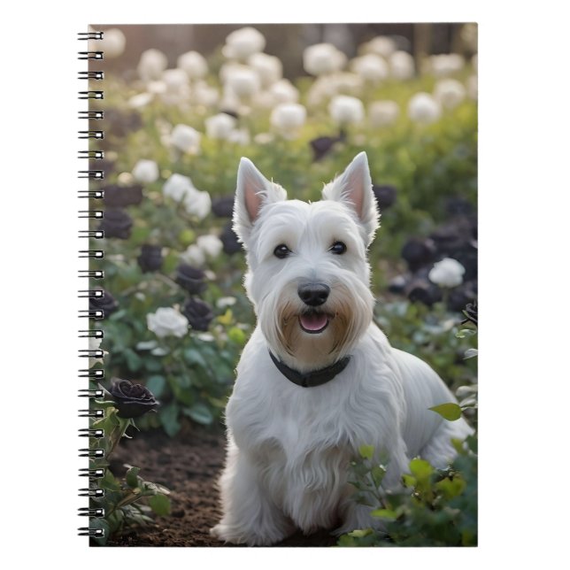 Cuaderno Terrier escocés blanco con Rosas blancos negros, (Frente)