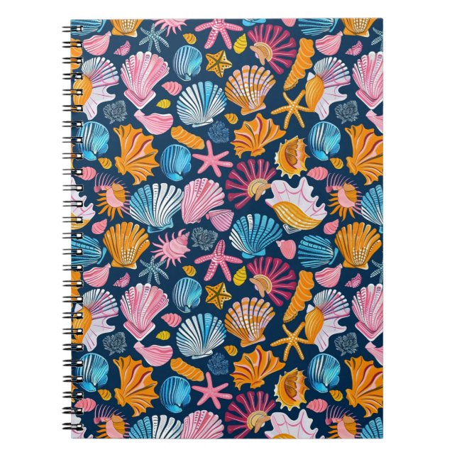 Cuaderno Tesoros costeros - Vibrante Patrón de conchas mari (Frente)