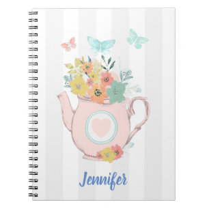 Cuaderno Tetera rosa con flores y mariposas