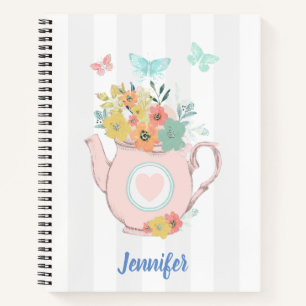 Cuaderno Tetera rosa con flores y mariposas