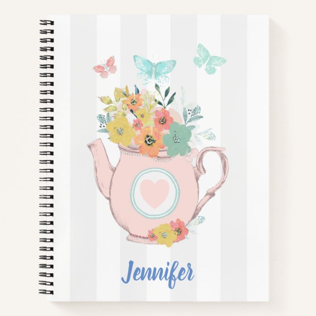 Cuaderno Tetera rosa con flores y mariposas (Anverso)