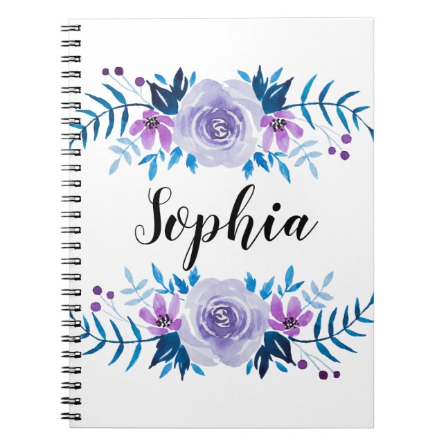 Cuaderno Texto floral púrpura azul del personalizado de la (Frente)