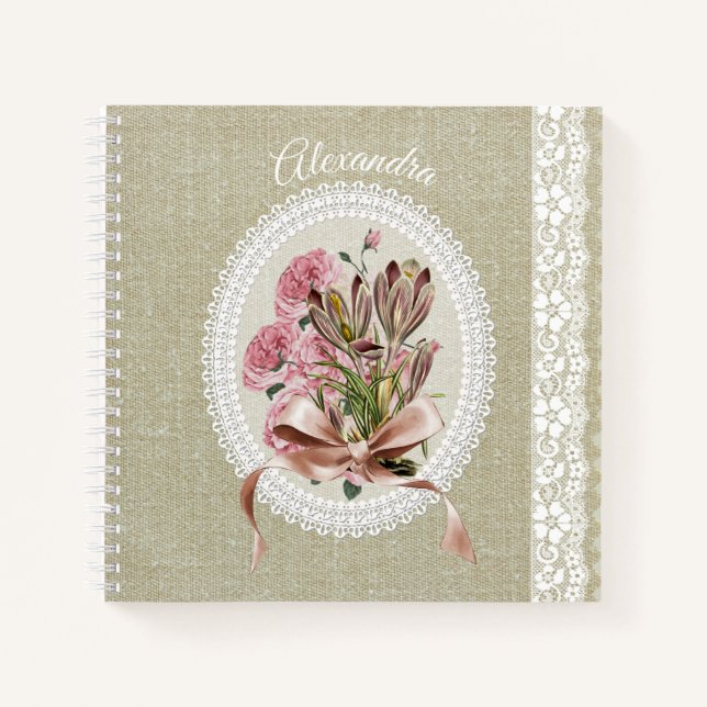 Cuaderno Textura de encaje floral blanco personalizada y he (Anverso)