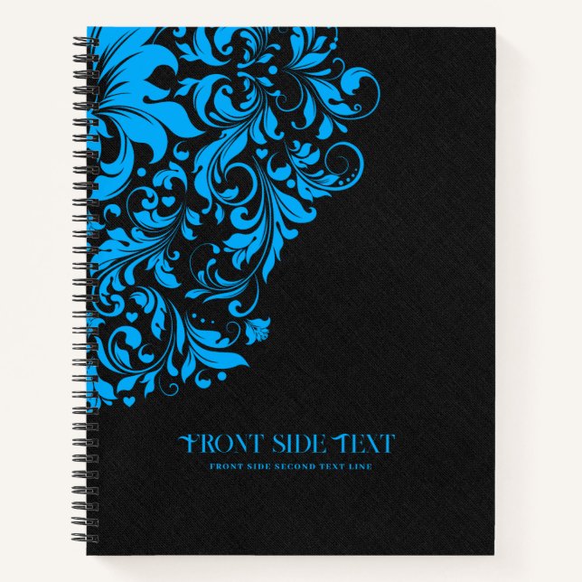 Cuaderno Textura de lino negro con encaje floral azul (Anverso)