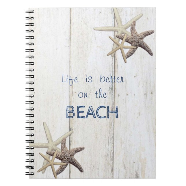 Cuaderno Textura de madera adorable, estrella de mar, playa (Frente)