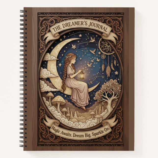 Cuaderno The Dreamer's Journal Crescent Moon Wood Carved  (Anverso)