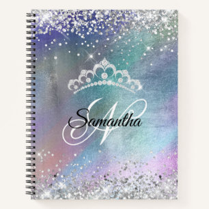 Cuaderno Tiara de Purpurina de Plata con Monograma Elegante