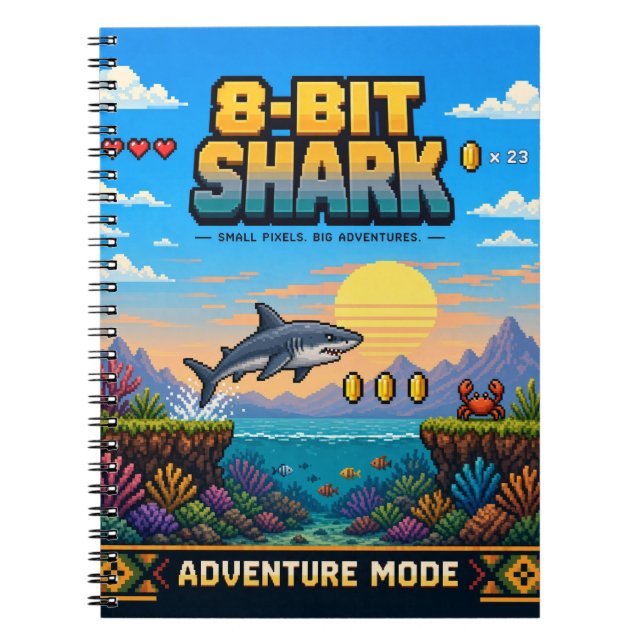 Cuaderno Tiburón, arte de píxeles retro de 8 bits (Frente)