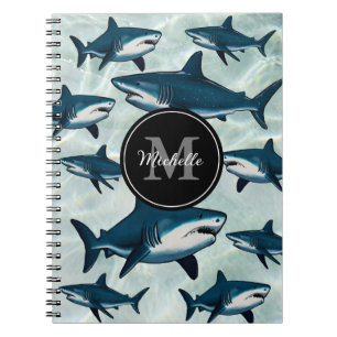 Cuaderno Tiburón blanco azul elegante Monograma Personaliza