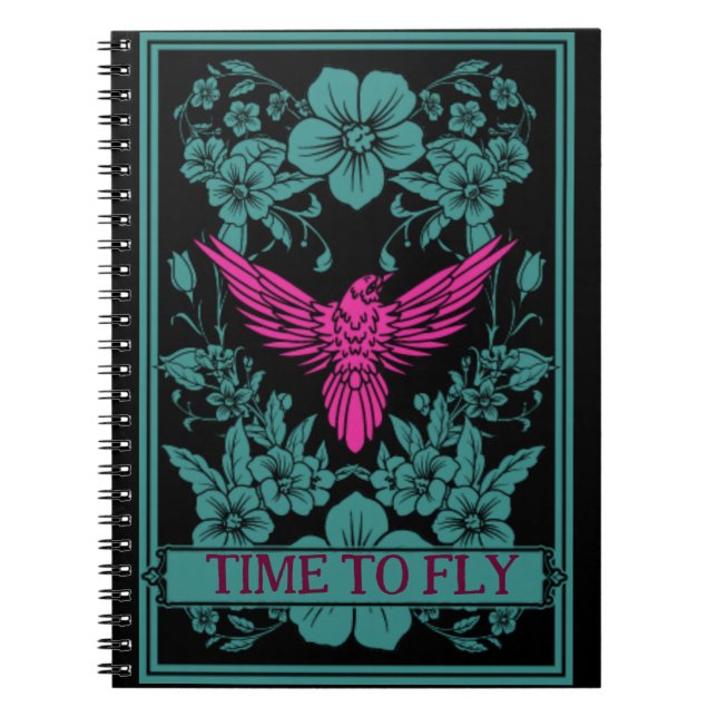 Cuaderno TIEMPO PARA VOLAR - Flores azules y pájaros rosado (Frente)