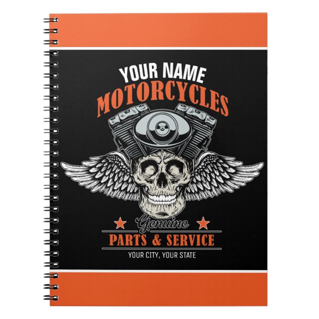 Cuaderno Tienda de motocicletas con cráneo y motocicleta pe (Frente)