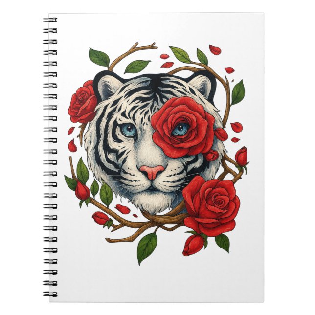 Cuaderno Tigre blanco con rosas rojas - Floral de vida salv (Frente)