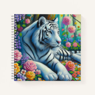 Cuaderno Tigre blanco en un bosque con flores color rosa Ve