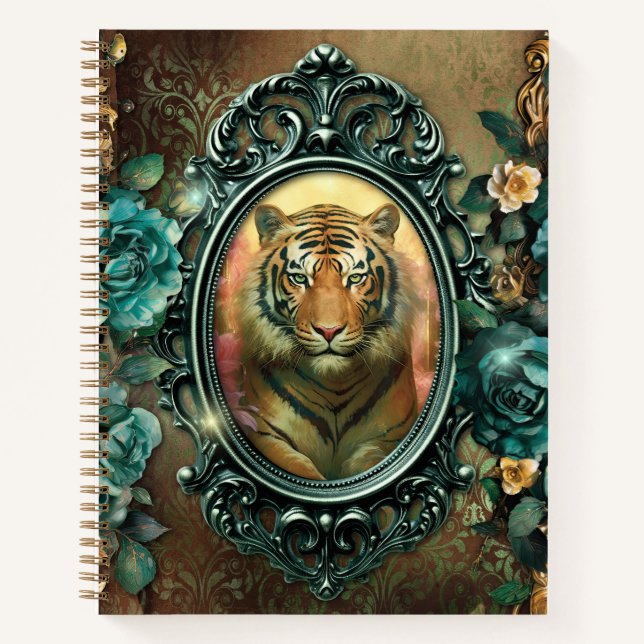 Cuaderno Tigre místico en el marco ordenado con Rosas verde (Anverso)