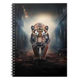 Cuaderno Tigre negro antiguo y naranja en el bosque surreal