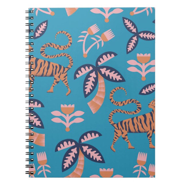 Cuaderno Tigre retro, palmera, patrón de flor (Frente)