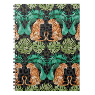 Cuaderno Tigre y hojas en patrón acuarela sin foco