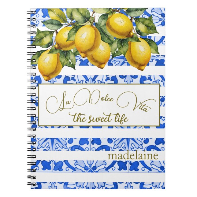 Cuaderno Tile azul botánico de limón de verano italiano (Frente)