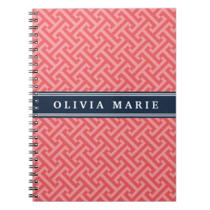 Cuaderno Tilted Watermelon Pink Greek Key Pattern with Name