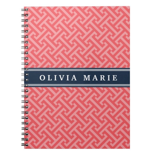 Cuaderno Tilted Watermelon Pink Greek Key Pattern with Name (Frente)