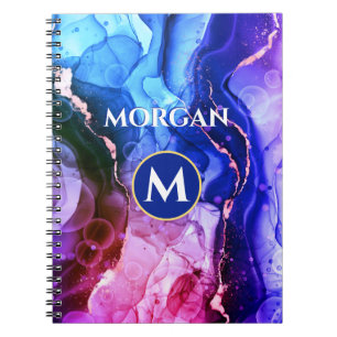 Cuaderno Tinta líquida azul violeta rojo, monograma y nombr