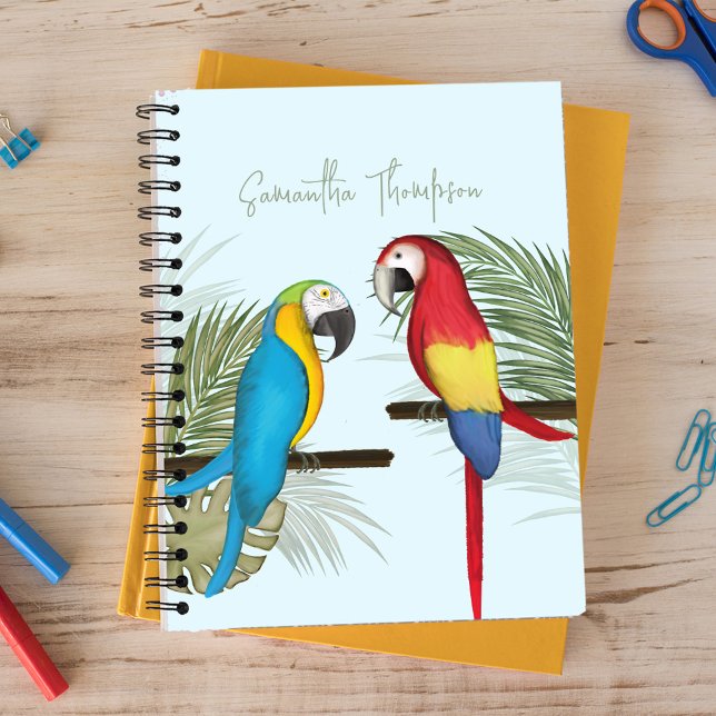 Cuaderno Tipografía divertida y tropical personalizada (Colorful Whimsical watercolor perky parrots notebook.)
