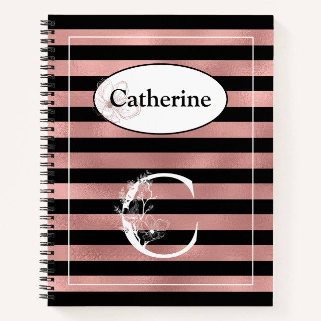 Cuaderno Tiras de oro Rosa personalizadas con C inicial (Anverso)