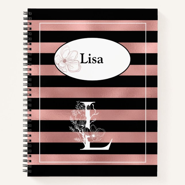 Cuaderno Tiras de oro Rosa personalizadas con L inicial (Anverso)