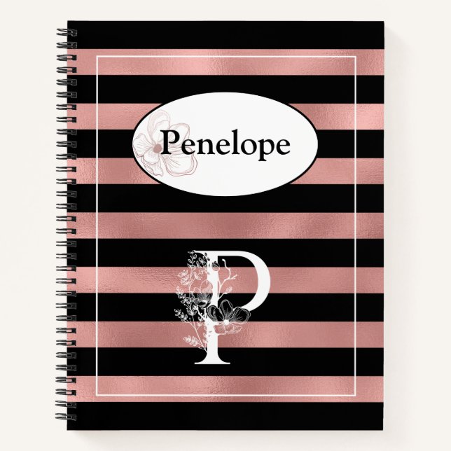 Cuaderno Tiras de oro Rosa personalizadas con P inicial (Anverso)