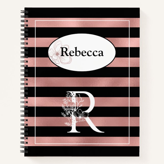 Cuaderno Tiras de oro Rosa personalizadas con R inicial (Anverso)