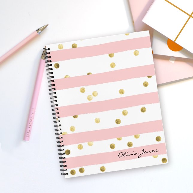 Cuaderno Tiras y puntos rosados con nombre (Personalize this notebook with your name or other desired text.)