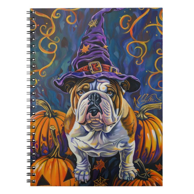 Cuaderno Tocante Bulldog Halloween Bruja Y Calabaza (Frente)