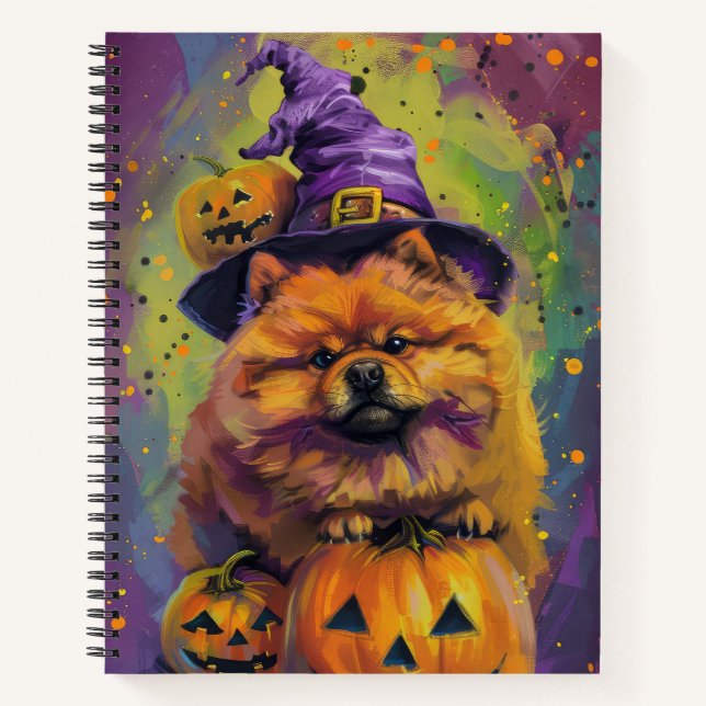 Cuaderno Tocante Chow Chow Perro Halloween Bruja Y Calabaza (Anverso)