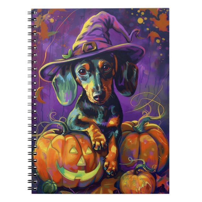 Cuaderno Tocante Perro Dachshund Bruja Halloween Y Calabaza (Frente)