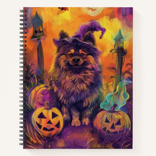 Cuaderno Tocante Perro Keeshond Halloween Bruja Y Calabaza (Anverso)